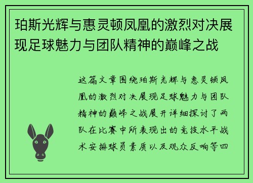 珀斯光辉与惠灵顿凤凰的激烈对决展现足球魅力与团队精神的巅峰之战